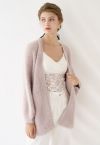 Fuzzy Open Front Waffle Knit Cardigan in Dusty Pink