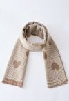 Heart Shape Check Tassel Edge Scarf in Camel