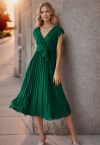 Sash Adorned Pleated Wrap Sleeveless Dress in Green