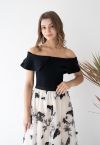 Off-Shoulder Tiered Cropped Knit Top in Black