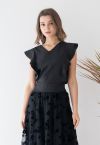 Bowknot Waist Sleeveless Ruffle Top in Black