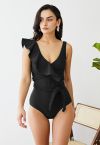 Braided Strap Ruffle Trim Swimsuit in Black