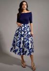 Indigo Vine Jacquard Organza Pleated Midi Skirt