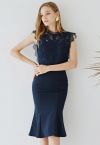 Crochet Lace Spliced Sleeveless Mermaid Dress in Navy