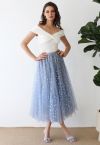 Iridescent Hearts Mesh Tulle Midi Skirt in Blue