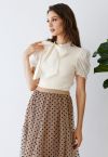 Short Sleeve Detachable Bowknot Spliced Knit Top in Cream