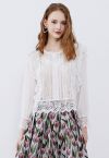 Sheer Sleeve Spliced Cutwork Lace Top in White