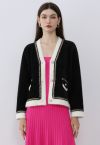 Contrast Shimmer Fringe Fuzzy Knit Cardigan in Black