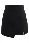 Notched Hem Wool-Blend Flap Mini Skirt in Black