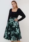 Metallic Floral Jacquard A-Line Midi Skirt in Dark Green