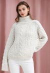 Turtleneck Sequin Cable Knit Sweater in White