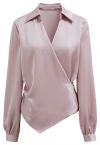 Pointed Collar Tie-Waist Satin Wrap Top in Pink