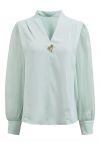 Heart Brooch Organza Spliced Satin Top in Mint