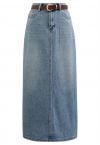 Slit Back Belted Denim Maxi Skirt in Blue