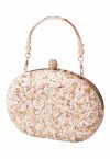 Full Beaded Rhinestone Oval Clutch in Cream