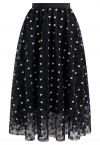 Daisy Embroidered Mesh Tulle Midi Skirt in Black