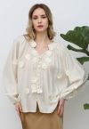 Romantic Blossom 3D Lace Flowers Buttoned Shirt in Light Yellow