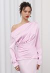 Asymmetric Ruched Satin Long Sleeve Top in Pink