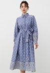 Tie-Waist Eyelet Embroidered Cotton Shirt Dress in Blue