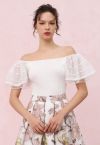 Cutwork Lace Flutter Sleeves Spliced Knit Top in White