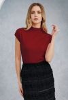 Solid Color Cap Sleeves Knit Top in Red