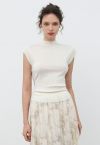 Back Drawstring Waist Mock Neck Knit Top in White