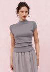 Back Drawstring Waist Mock Neck Knit Top in Grey