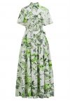 Green Tropical Palm Leaves Printed Short Sleeves Shirt Dress