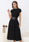 Gentle Knit Top and Belted High Waist Skirt Set in Black