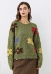 Multicolored Floral Pattern Fuzzy Knit Sweater in Moss Green