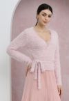 Wrap V-Neck Tie-Waist Fuzzy Knit Top in Light Pink