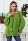 Colorful Pom-Pom Wavy Buttoned Patch Pocket Knit Cardigan in Green