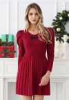 Delicate Bow Puff Sleeve Pleated Knit Mini Dress in Red