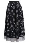 Glitter Star Snowflake Mesh Tulle Midi Skirt in Black