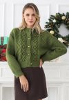 Euphoric Pom-Pom Waffle Knit Crop Cardigan in Green