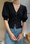 Bubble Sleeve V-Neck Buttoned Knit Top in Black