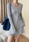 Flare Cuffs Button Knit Top and Mini Skirt in Grey