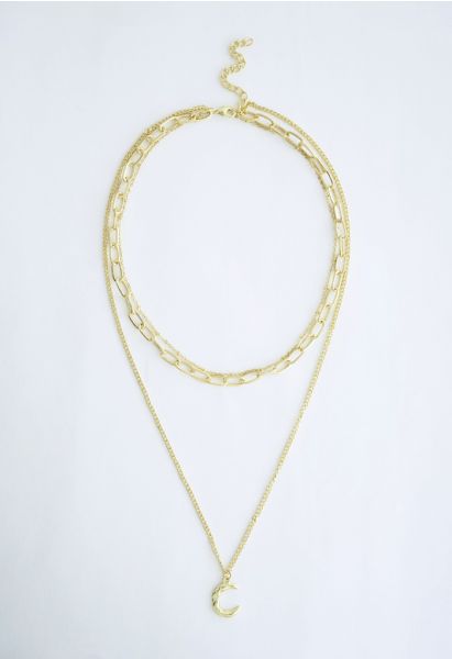 Gold Moon Chain Pendant Layered Necklace