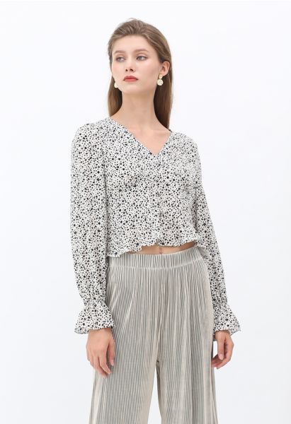 Spotted V-Neck Button Crop Top in Ivory