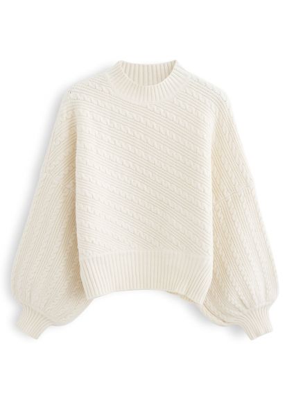 Batwing Sleeves Braid Knit Sweater in Cream