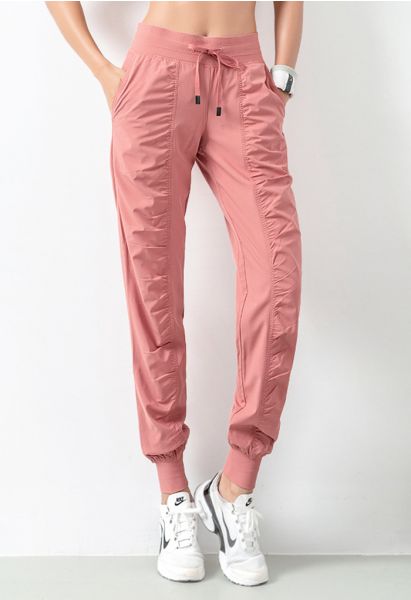 Drawstring Waist Ruched Detail Joggers in Dusty Pink