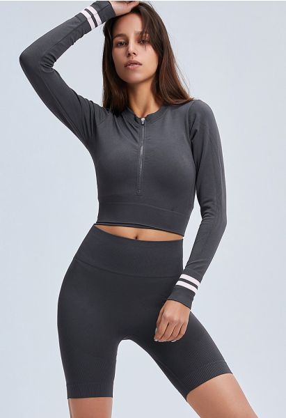 Zip Front Cropped Sports Top and Legging Shorts Set in Smoke