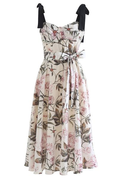 Pink Peony Blossom Tie-Strap A-Line Midi Dress