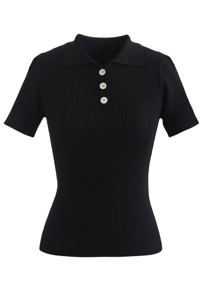 Triple Buttons Short Sleeve Fitted Knit Top in Black