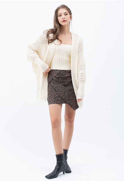 Animal Print Side Pleated Asymmetric Mini Skirt in Brown