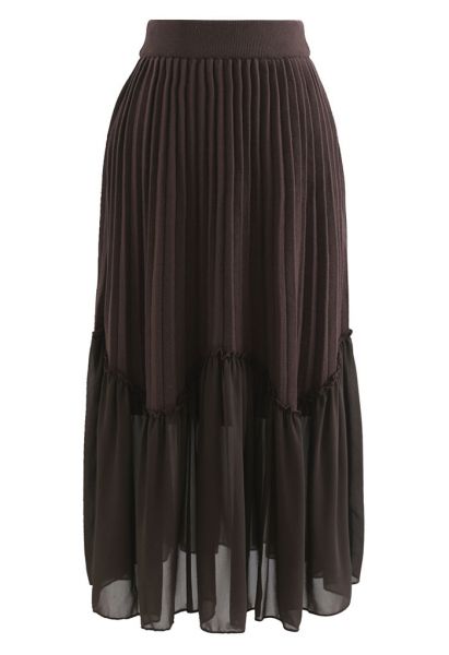 Spliced Chiffon Hem Knit Midi Skirt in Brown