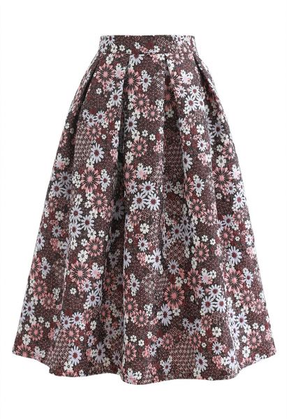 Blossom Cluster Embossed Pleated Midi Skirt in Red