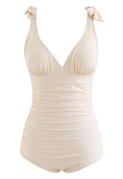Lace-Up Back Ruched Swimsuit in Cream