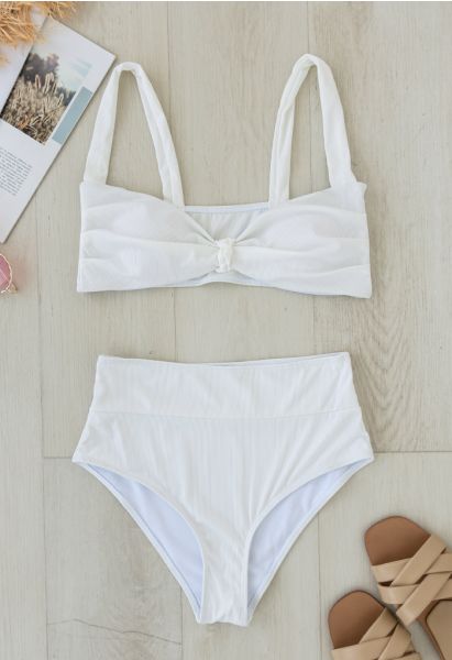 Twisted Knot Front Ribbed Bikini Set in White