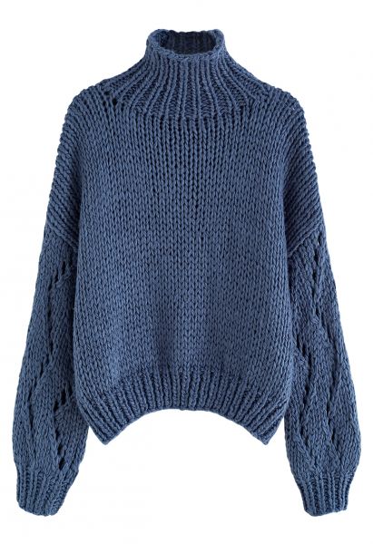 Pointelle Sleeve High Neck Hand-Knit Sweater in Dusty Blue